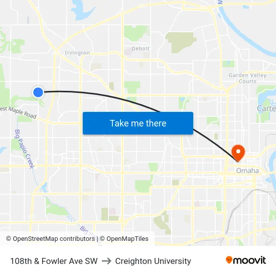 108th & Fowler Ave SW to Creighton University map