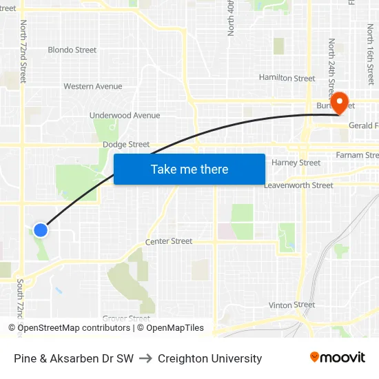 Pine & Aksarben Dr SW to Creighton University map