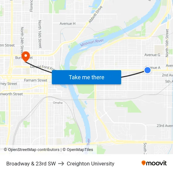 Broadway & 23rd SW to Creighton University map