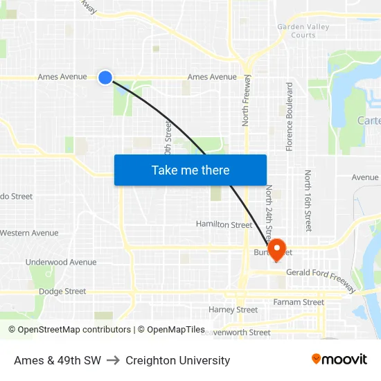 Ames & 49th SW to Creighton University map