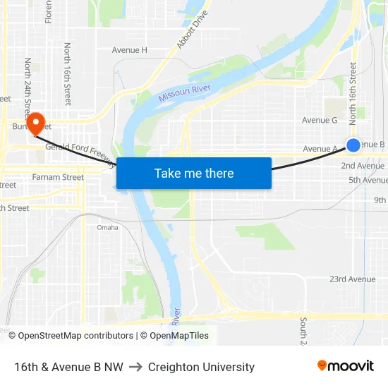 16th & Avenue B NW to Creighton University map