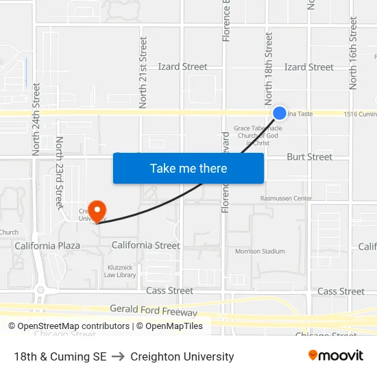 18th & Cuming SE to Creighton University map