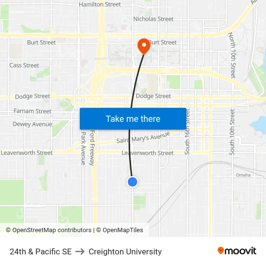 24th & Pacific SE to Creighton University map