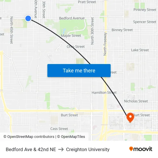 Bedford Ave & 42nd NE to Creighton University map