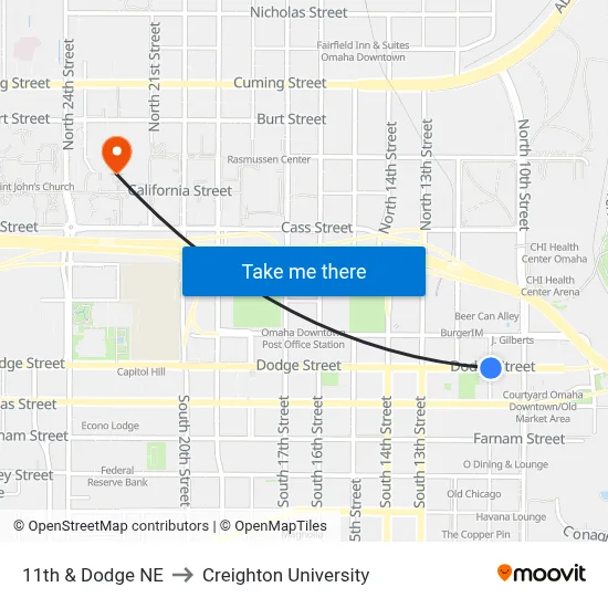 11th & Dodge NE to Creighton University map