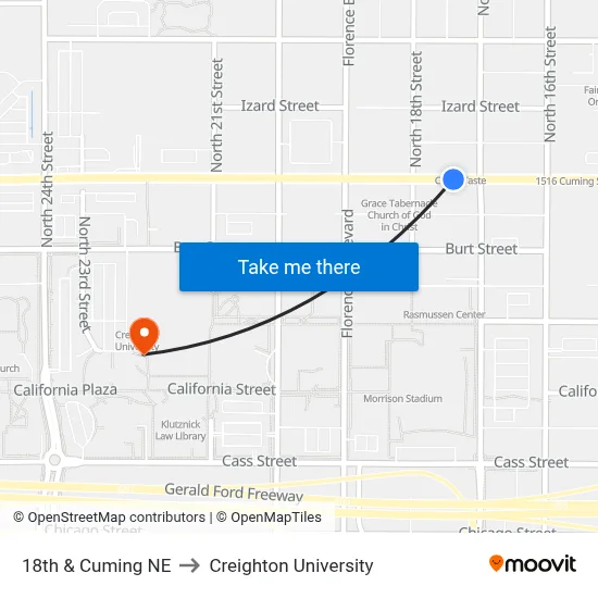 18th & Cuming NE to Creighton University map