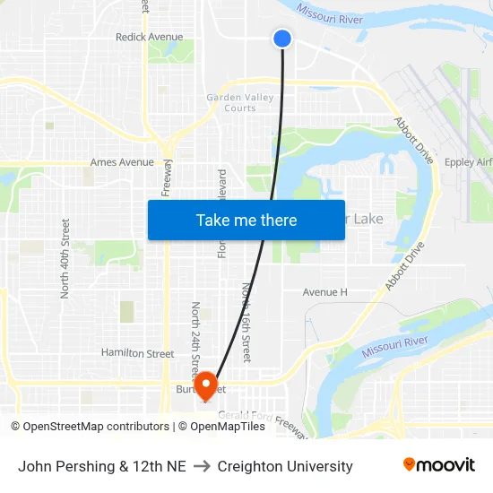 John Pershing & 12th NE to Creighton University map