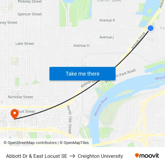 Abbott Dr & East Locust SE to Creighton University map