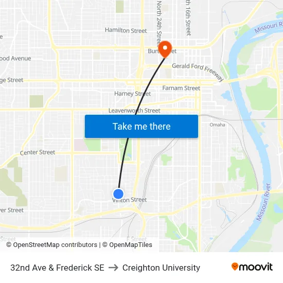 32nd Ave & Frederick SE to Creighton University map