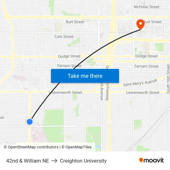 42nd & William NE to Creighton University map