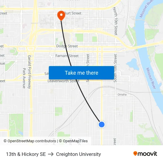 13th & Hickory SE to Creighton University map