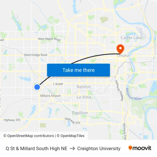 Q St & Millard South High NE to Creighton University map