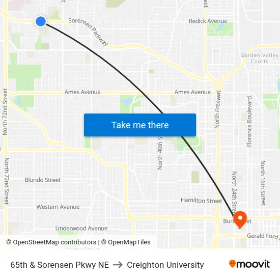 65th & Sorensen Pkwy NE to Creighton University map
