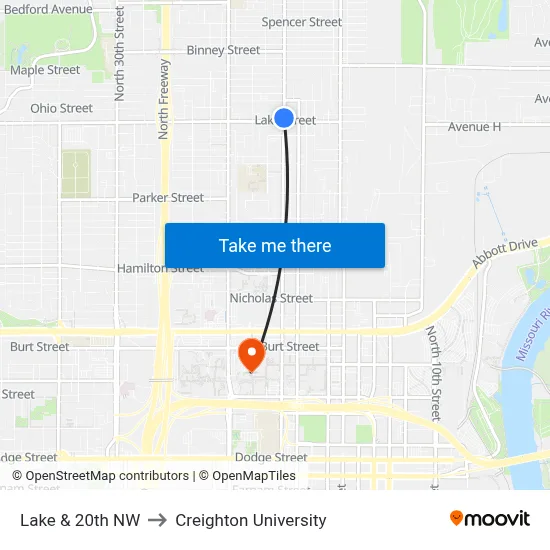 Lake & 20th NW to Creighton University map