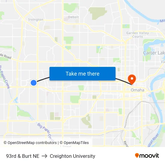 93rd & Burt NE to Creighton University map