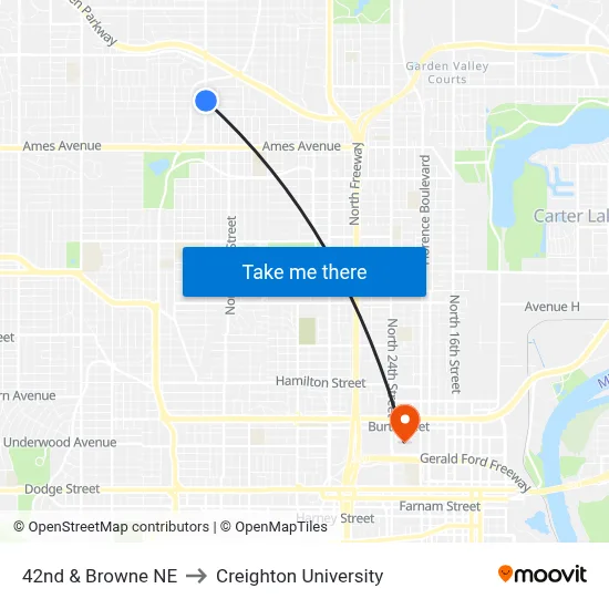 42nd & Browne NE to Creighton University map