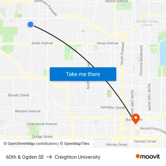 60th & Ogden SE to Creighton University map