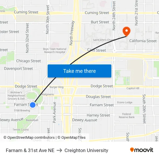 Farnam & 31st Ave NE to Creighton University map