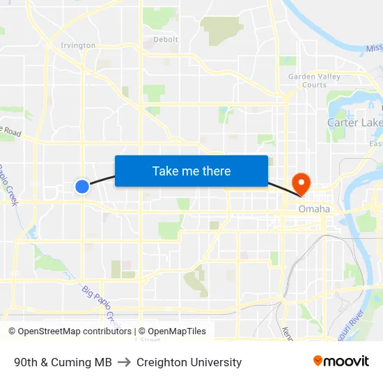 90th & Cuming MB to Creighton University map