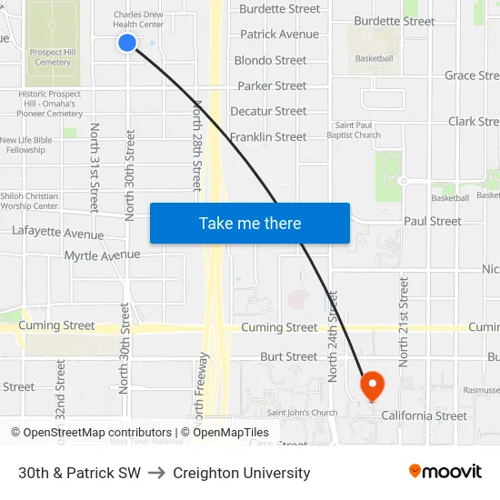 30th & Patrick SW to Creighton University map