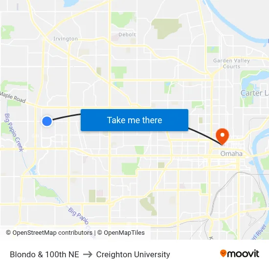 Blondo & 100th NE to Creighton University map
