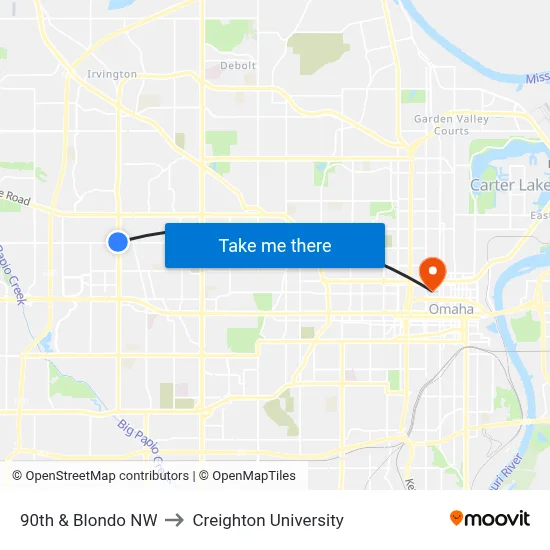 90th & Blondo NW to Creighton University map