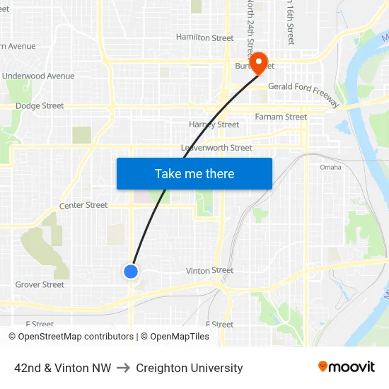 42nd & Vinton NW to Creighton University map
