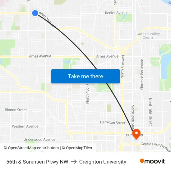 56th & Sorensen Pkwy NW to Creighton University map