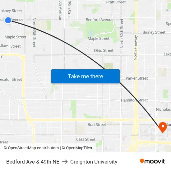 Bedford Ave & 49th NE to Creighton University map