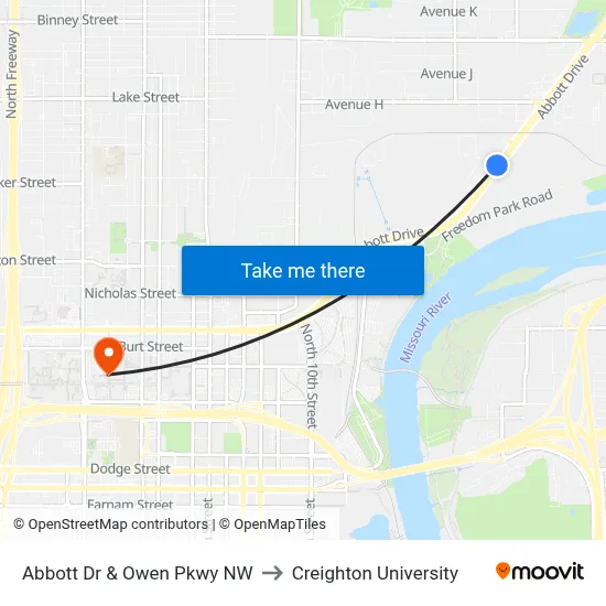 Abbott Dr & Owen Pkwy NW to Creighton University map