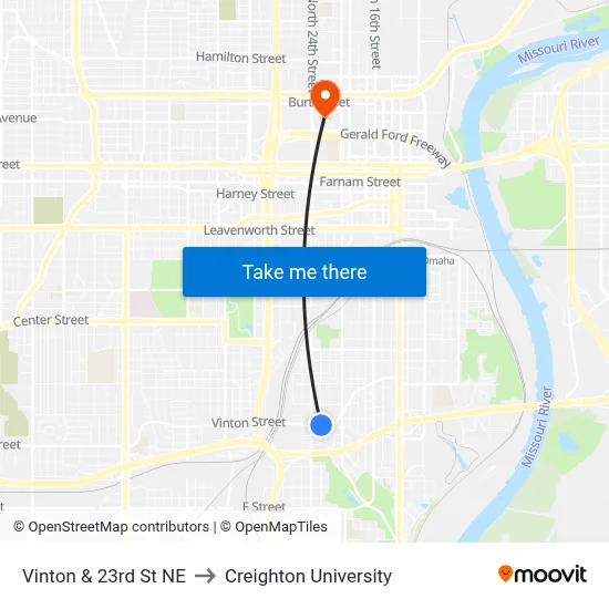 Vinton & 23rd St NE to Creighton University map