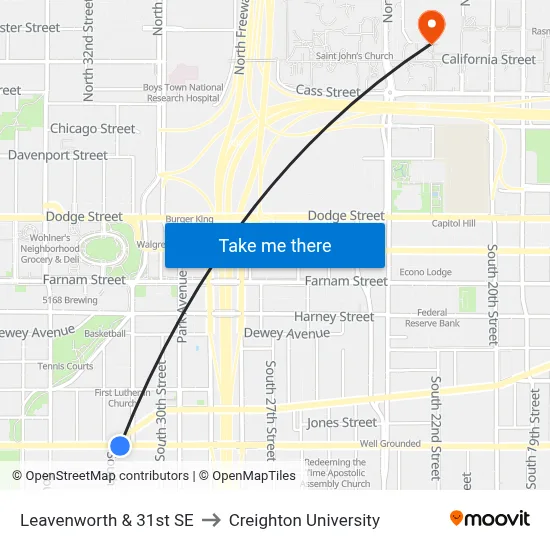 Leavenworth & 31st SE to Creighton University map