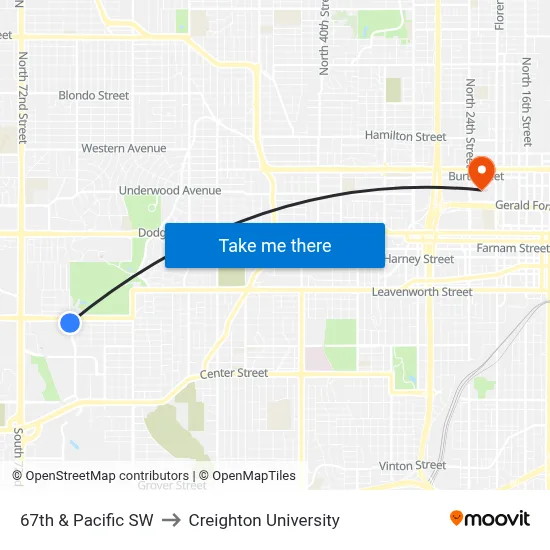 67th & Pacific SW to Creighton University map