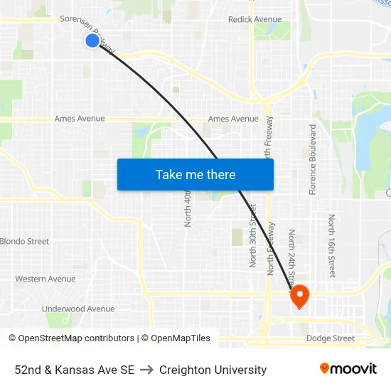 52nd & Kansas Ave SE to Creighton University map