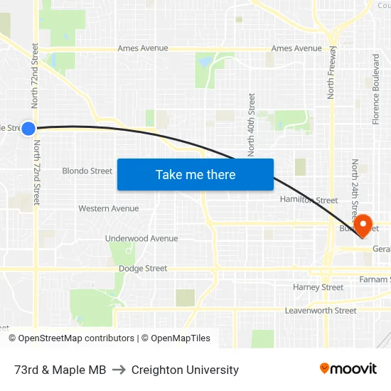 73rd & Maple MB to Creighton University map