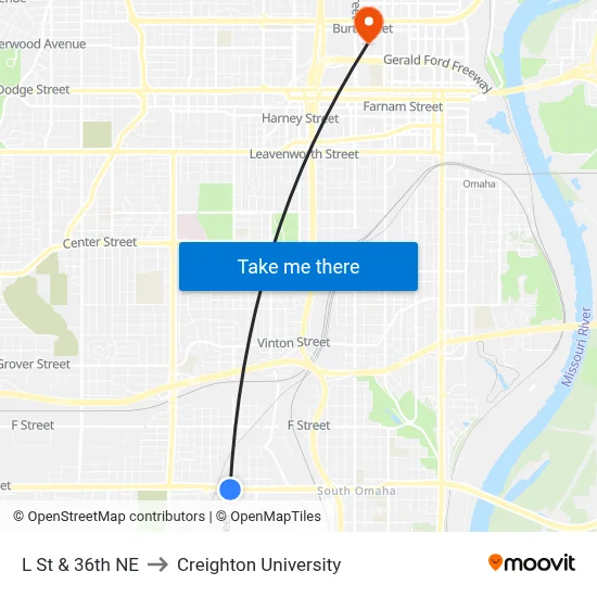 L St & 36th NE to Creighton University map