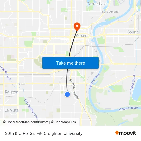 30th & U Plz SE to Creighton University map