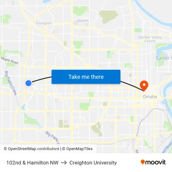 102nd & Hamilton NW to Creighton University map