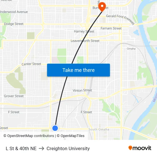 L St & 40th NE to Creighton University map