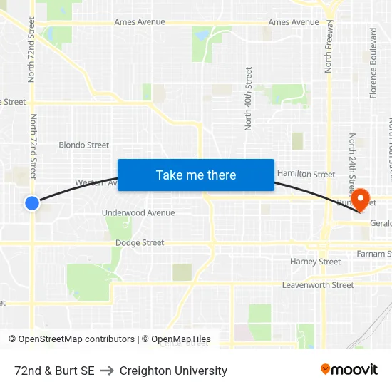72nd & Burt SE to Creighton University map