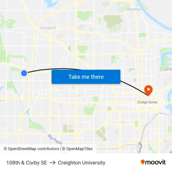 108th & Corby SE to Creighton University map