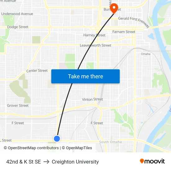 42nd & K St SE to Creighton University map