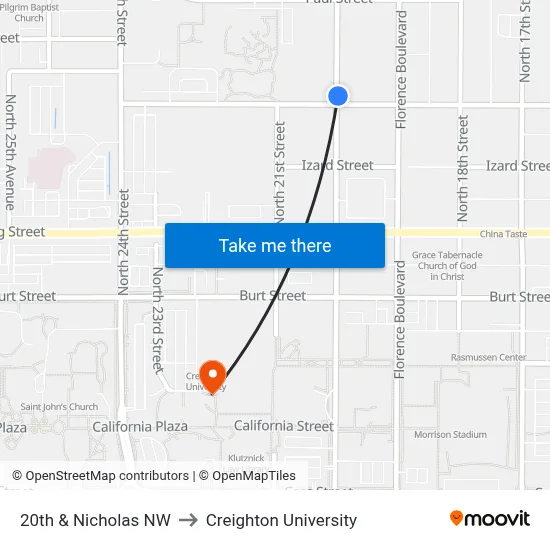 20th & Nicholas NW to Creighton University map
