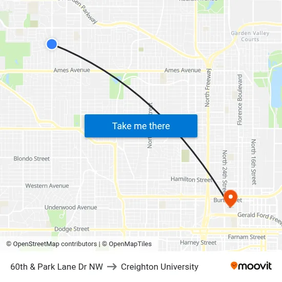 60th & Park Lane Dr NW to Creighton University map