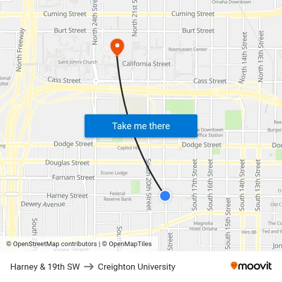 Harney & 19th SW to Creighton University map
