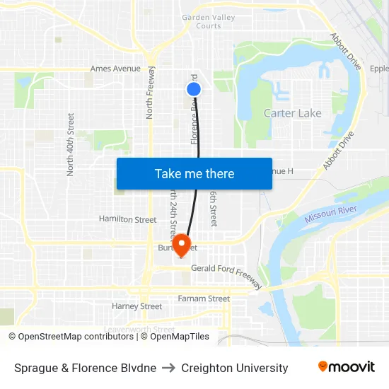 Sprague & Florence Blvdne to Creighton University map