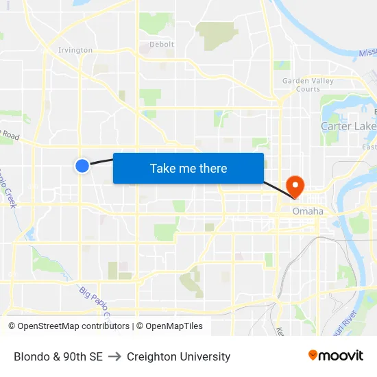 Blondo & 90th SE to Creighton University map
