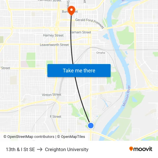 13th & I St SE to Creighton University map