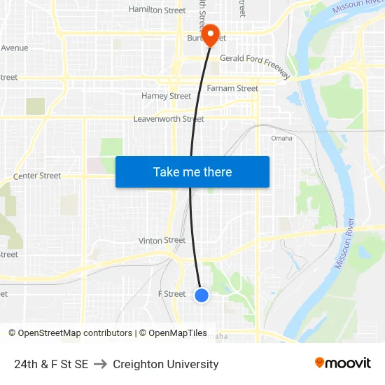24th & F St SE to Creighton University map