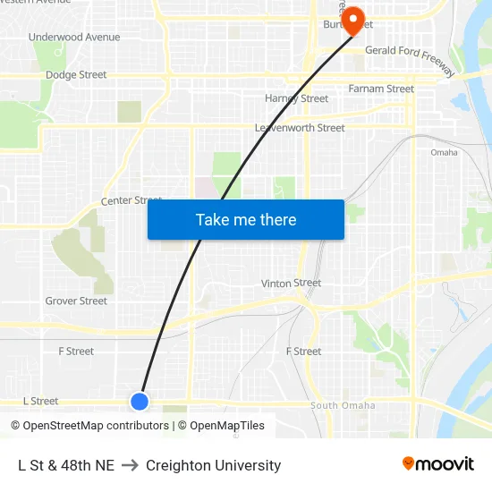 L St & 48th NE to Creighton University map